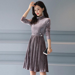 SORCHIDF Women Sexy Velvet Mandarin Collar Vintage Elegant Dress Pleated Party Dress