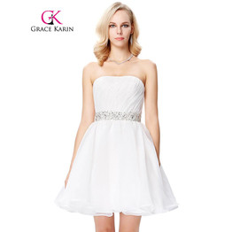 Grace Karin Short Prom Dress 2017 Vestido De Festa Strapless Mid Thigh Voile White Formal Party Gown Robe De Cocktail Prom Dress