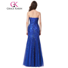Grace Karin Prom Dress Long 2017 Royal Blue Mermaid Evening Gowns Sweetheart Sexy Strapless Ballkleider Lang Tulle Prom Dresses