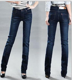 2016 spring and summer women's Mid High waist denim pants small straight  elastic jeans plus size Denim Trousers free shipping