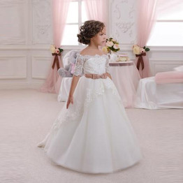 2016 New Hot White Ivory Lace Flower Girls Dresses With Belt Floor Length Princess Baby First Communion Dress For Wedding