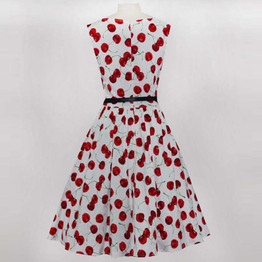 Vintage Inspired Cherry White Belted Swing Dress