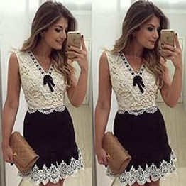 2016 New fashion patchwork women v neck white Bow lace dress ladies sleeveless vintage casual mini summer dresses