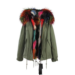 2016 women's army green Large raccoon fur collar hooded coat parkas  outwear 2 in 1 detachable lining winter jacket top quality