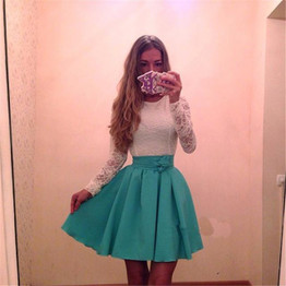 2016 women autumn fashion lace stitching dress O collar long-sleeved sweet fresh green red Vestidos Plus size