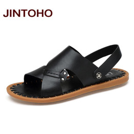 JINTOHO 100% Genuine Leather Men Sandals Fashion Black Male Beach Sandals Summer Leather Sandals Men Slippers Beach Shoes