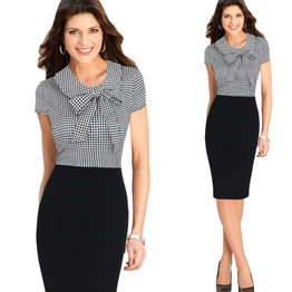 Vfemage Womens Elegant Bow Plaid Contrast Vintage Pinup Slim Casual Work Business Office Party Bodycon Pencil Sheath Dress 7205