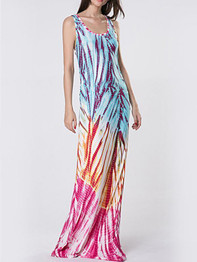 Popular Fashion Floral-Print Sleeveless Round Neck Slim Fit Maxi Dress