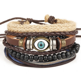 Leather bracelet men retro punk multilayer beads jewelry