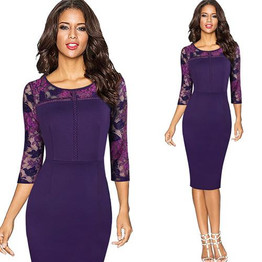 Vfemage Womens Vintage Sexy Contrast Floral Lace 3/4 Sleeve Tunic Wear to Work Office Business Party Bodycon Vestidos Dress 9043