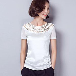 Satin Blouse Shirt Mesh Patchwork Sexy Lace Hollow Out Women Shirts Short Sleeve 2017 Summer Korean Fashion Fitness Ladies Tops