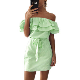 Ruffles Summer Dress 2018 Women Stripe Print Off Shoulder Elastic Slash Neck Dress Casual Party Beach Dresses Vestidos