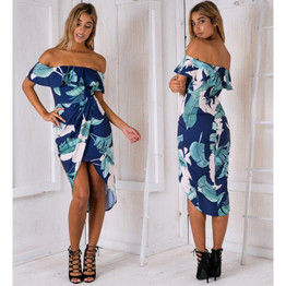 Ruffle Elegant Party Dress Women Sexy Off Shoulder Print Casual Slash Neck Split Bodycon Dress Ladies Beach Summer Dress Vestido