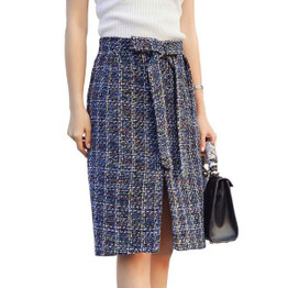ShyVelvet 2017 Autumn Woolen Skirt Women High Waist Midi Plaid Skirts Womens Tweed Bow Split A Line Skirt