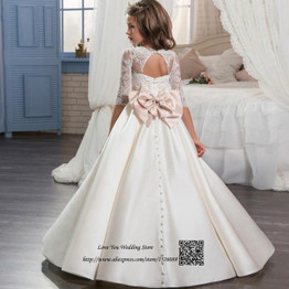 First Communion Dresses for Girls Kids Evening Gowns Lace Cute Flower Girl Dress 2017 Pink Bow Pageant Ball Gowns for Girls