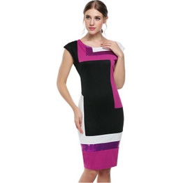 FINEJO Women Contrast Color Party Dress M-XXXL Fashion Plus Size Geometrical Patchwork Short Sleeve O-neck Pencil Bodycon Dress
