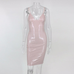 Feditch Women PU Sexy Dress Autumn Sleeveless Bodycon Dress Women Vintage Vestidos Spaghetti Strap Elegant Lady Party Dresses