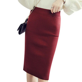 Vintage Winter Long Skirts Women Stretch Woolen Pencil Skirt High Waist Office Lady Bodycon Skirts Saias Knee-Length Skirt Jupe