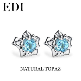 EDI 0.6cttw Blue Topaz 925 Sterling Silver Fashion Stud Earrings Women Solitaire Rose Beauty And The Beast Design Fine Jewelry