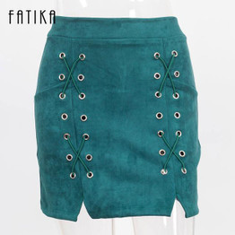 FATIKA 2017 Spring Fashion Women Lace Up Leather Suede Pencil Skirt Cross High Waist Skirt Zipper Split Bodycon Short Skirt