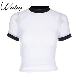 Weekeep Sexy Perspective Stretch t shirt Women Summer Short Sleeve Cropped Mesh Top White Slim Waist Fashion Patchwork t-shirt
