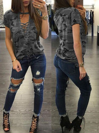 Fashion T-shirts Sexy Women's Clothing Summer Short Sleeve T-shirt Loose Clothes Casual V-Neck T-Shirt Camouflage Female Tops