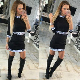Fashion Summer Women Letter Print Dress Long Sleeve Casual Bodycon Dress Vestido