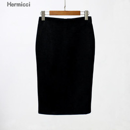 Hermicci Women Solid Suede Skirts Autumn Winter Female High Waist Pencil Bodycon Skirt Vintage Split Thick Stretchy Skirts