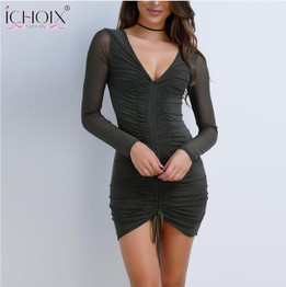 ICHOIX Fashion Women sexy Bandage Dress Long sleeve V-Neck Sheath Above Knee, Mini Winter dresses Black Sexy & Club Dress