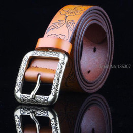 Fashion Vintage Genuine leather belt woman Luxury Designer wide Floral belts women Second Layer Cow skin strap for Jeans female