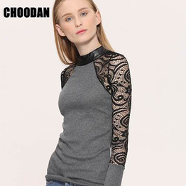 Patchwork Fabric Knit Lace blouse shirt women clothes 2017 Autumn Winter New Fashion puff long sleeve Knitted Shirts Tops blusas