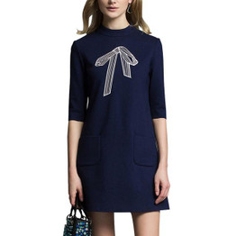 ElaCentelha Women Autumn Winter Dress 2016 New Fashion Brand Dress A Line Bow Embroidery Half Sleeve O Neck Office Work Dresses