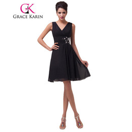 Grace Karin Black Prom Dress 2017 Sexy V-neck Knee length Chiffon Short Prom Gowns Ruching Party Gown Special Occasion Dresses