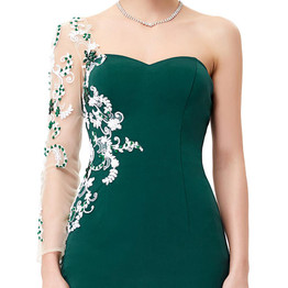 Grace Karin Asymmetrical Long Sleeve Evening Dress Appliques Lace Special Occasion Gowns Dark Green Mermaid Evening Dresses 2017