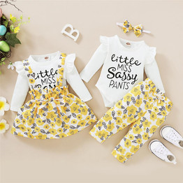 Baby Girls Letter Printed Ruffled Long Sleeve Romper & Floral Printed Pants & Headband Wholesale Baby Outfits