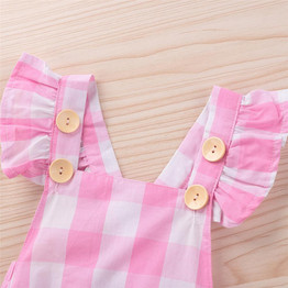 Baby Girls Plaid Sleeveless Button Romper & Headband Spanish Baby Clothes Wholesale