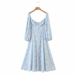 Puff sleeve square neck floral printed party dress