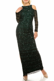 Sequined Striped Cold-Shoulder Evening Dress