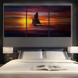 Canvas Painting Living Room Wall Art 3 Piece Sea Colorful Boat And Sunlight Landscape Picture Home Decor
