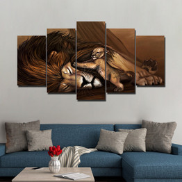 Modular Wall Art Canvas Pictures 5 Pieces Lion And Sweet Little Lion Paintings Printed Home Decor