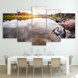 HD Printed 5 Piece Canvas Art Canvas Lake Fishing Rod Painting Wall Pictures Living Room Modern