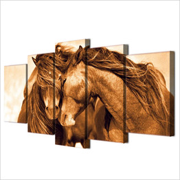Printed 5 Panel Two Horses Couple Animal Farm Painting Wall Art Pictures Posters