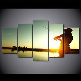 HD Printed 5 Piece Canvas Sunset Lake Fishing Painting Poster Wall Pictures Living Room Modern