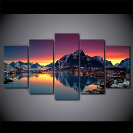 HD Printed 5 Piece Canvas Art Sunset Lake Mountain Scenery Painting Wall Pictures Living Room