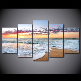 HD Printed 5 Piece Canvas Art Sunset Sea Wave Painting Wall Pictures Living Room Beach Poster