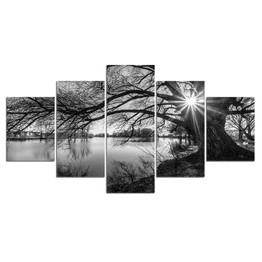 HD Printed Black White Painting Tree River Canvas Wall Art 5 Piece Painting For Living Room