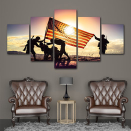 HD Printed 5 Piece Canvas Art Soldier Raise US Flag Army Sunset Painting Wall Pictures for Living Room Canvas Posters