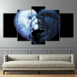 Brotherhood Black by JoJoesArt HD Print 5 Piece Canvas Art Black and White Lion Poster Room Wall Pictures