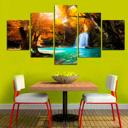Modular Canvas HD Printed Painting 5 Pieces Waterfall Golden Yellow Leaves Picture Lake Living Room Wall Art