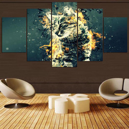 Modern HD Printed Canvas Painting Pictures 5 Panel Animal Cat And Flame Wall Art